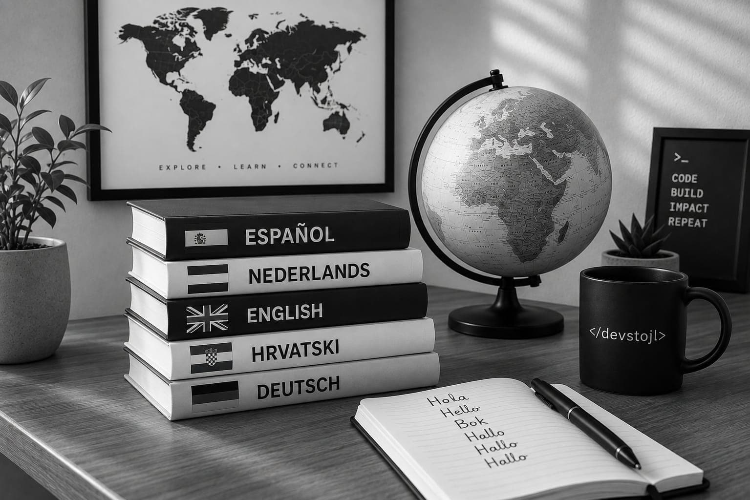Stack of language books — Espanol, Nederlands, English, Hrvatski and Deutsch — beside a globe and notebook